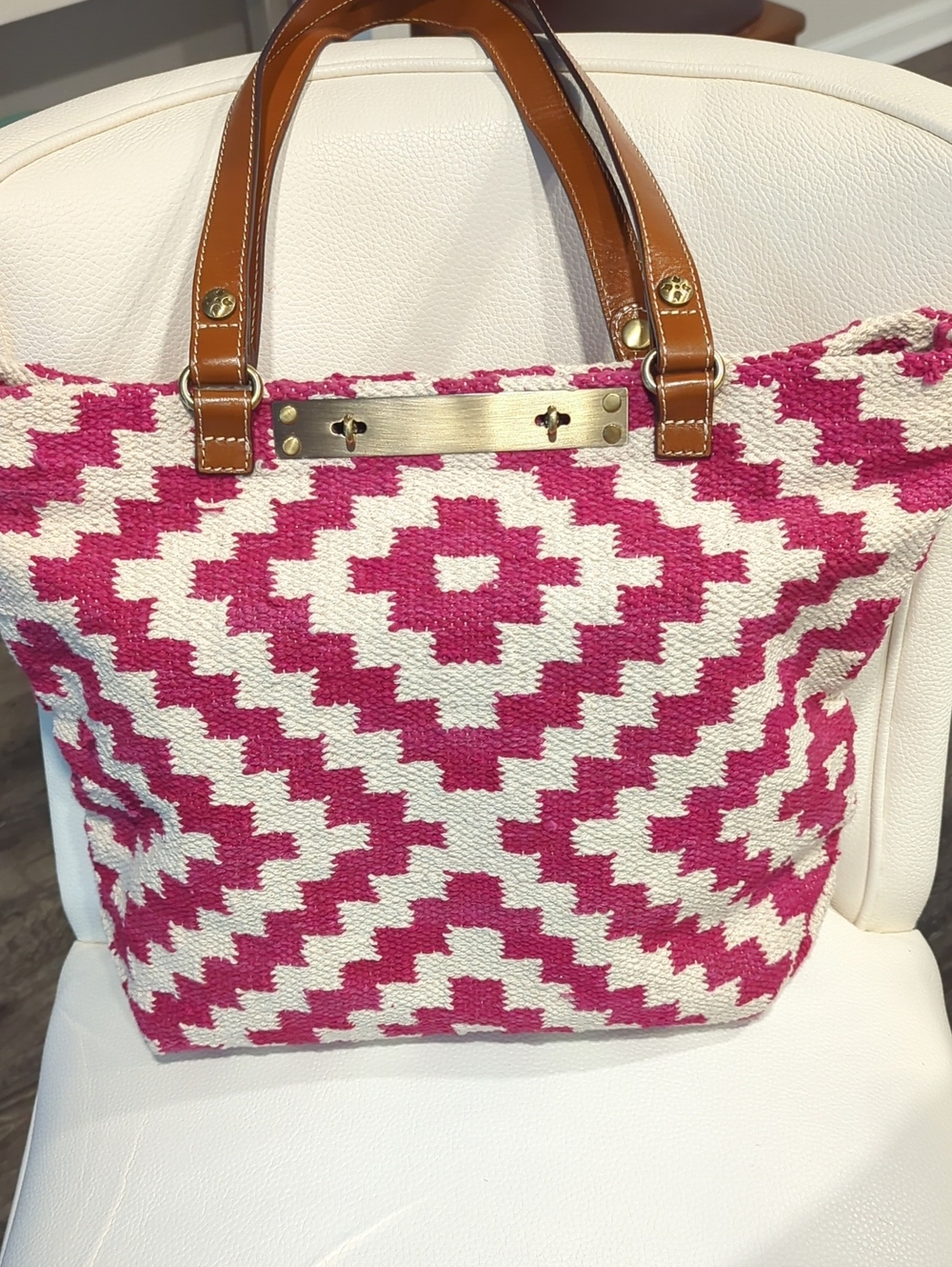Patricia Nash Pink & Cream Geometric Cotton WeaveTote with Brown Leather Handles